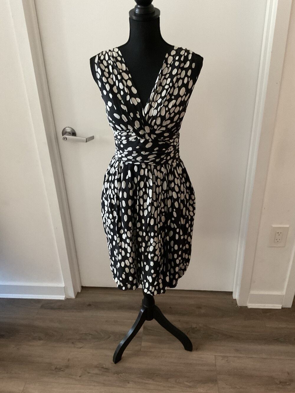 VTG Moschino Silk Black White Polka Dot V - Neck Ruched Midi Dress Size 6